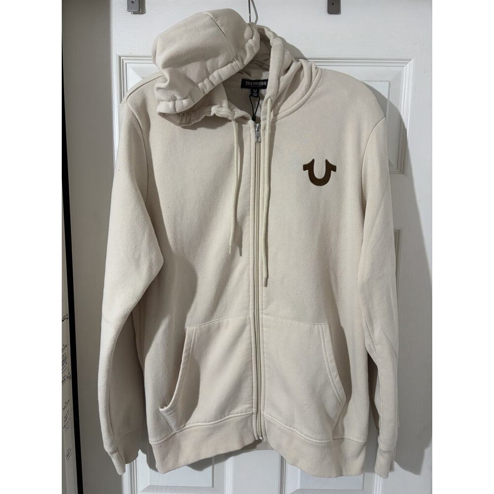True Religion Solid SRS Hoodie Sz L Beige Full Zip Buddha